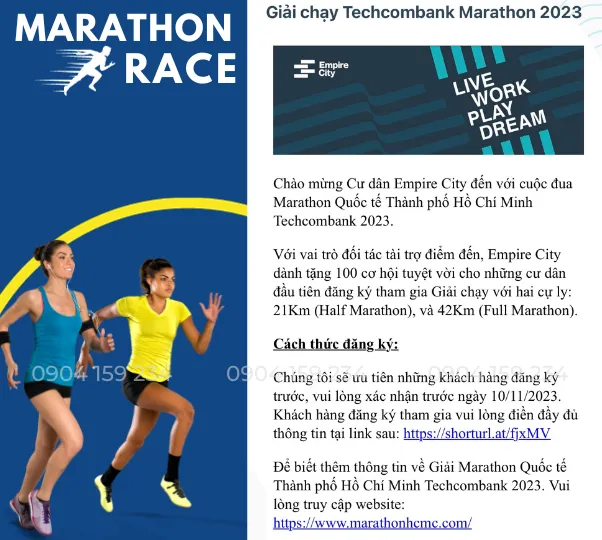 Sự kiện tặng BIB cho cư dân Empire City tại giải chạy Marathon Techcombank
